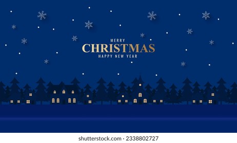 Empty tabletop or shelf for product display presentation with city village and christmas tree in night time with snowfall. christmas background