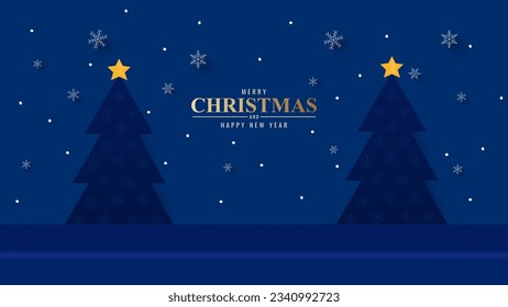 Empty tabletop or shelf for product display presentation with christmas tree in night time with snowfall. christmas background