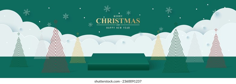 Empty tabletop or shelf for product display presentation with christmas tree. christmas background