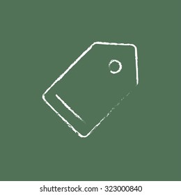 Mano de etiqueta vacía dibujada en tiza sobre un icono blanco vectorial de pizarra aislado en un fondo verde.