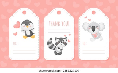 Empty Tags with Funny Cartoon Animals with Heart Feel Love Vector Template