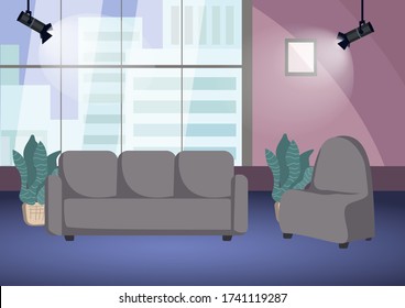 Empty Talk Show Shooting Stage Flat Color Vector Illustration. Chat Show Studio 2D Cartoon Interior With Decorations On Background. TV Program Recording Place. Host And Guest Seats In Spotlights