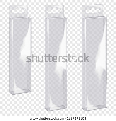 Empty tall narrow clear glossy plastic box with tuck-in flap and euro hole tab. 3d mockup set. Blank hanging rectangle transparent PVC container. Realistic vector mock-up. Template for design