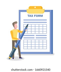 Empty tax form vector, isolated man holding pen, small male with big pencil, accountant and taxation, table with blank space for filling flat style