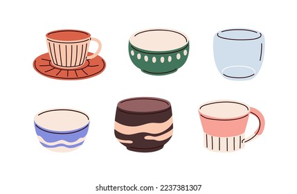 Empty tea cups, mugs, ceramic bowls, glass, porcelain beakers set. Different teacups designs, types. Tableware, dishware for drinks, beverages. Flat vector illustrations isolated on white background