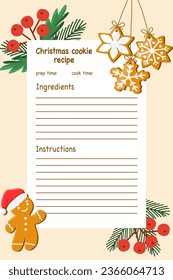 Tarjeta de plantilla vacía para la receta de galletas de Navidad con un hombre de pan de jengibre y ramas de pino, vector