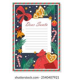 Empty template of letter to Santa Claus. Vector blank paper or sheet for children wishlist. Xmas page or card with Christmas decoration. Making wishes on New Year holidays. Cartoon document.