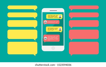 Empty template messaging bubbles. Man chatting with chat bot robot on cellphone. Smartphone with blank dialog boxes. Avatar icon design.