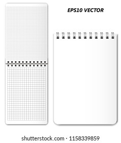 An empty template (mockup) for the design of a spiral notebook in an open and closed state with realistic shadows. The ability to choose a grid of different sizes. Vector illustration.
