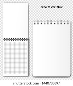 An empty template (mockup) for the design of a spiral notebook in an open and closed state  on a transparent background with realistic shadows. Vector illustration.
