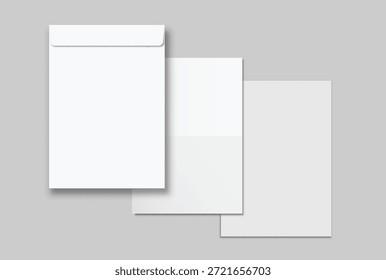 Empty Template Mockup paper and white envelope isolated on background, clean stationery layout for branding, corporate identity, letter design, invitation template, mailing concept, copy space ready.