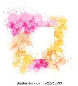 Empty template with watercolor background and abstract flowers for your designs.