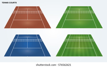 Empty tennis court with divider net, viewed from one end of court. Vector illustration