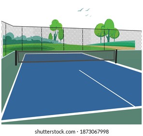 Empty tennis court with a net in the middle. Tennis, yard. Vector flat illustration