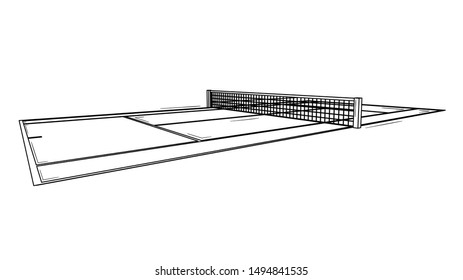 Empty tennis court ready to match. Black outline illustration on white background. Sketch.