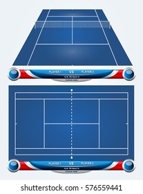 Empty tennis court with set of infographic elements. Vector illustration.