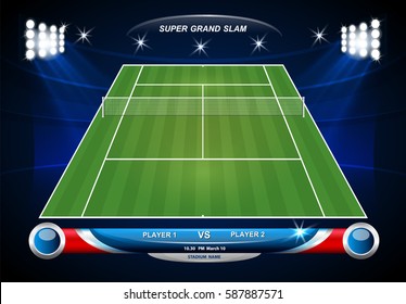 Empty tennis court with set of infographic elements. Vector illustration.