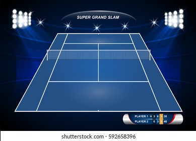 Empty tennis court with set of infographic elements. Vector illustration.