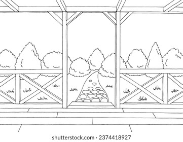 Empty terrace interior graphic black white sketch illustration vector