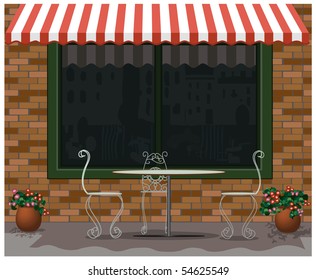 Empty terrace of restaurant with table, chairs and flowers, outdoor scene