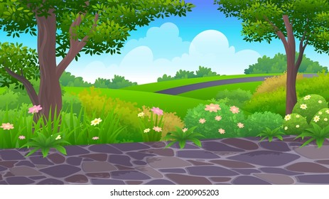 Empty Terrace Urban garden, public place for walking and recreation with green trees, grass and flower Cartoon vector illustration