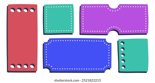 Empty text frames with stabbing, hand drawn tickets and coupons, colorful text and message boxes with flat shadow. Vector illustration.