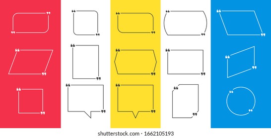 Empty text quote box or bubbles on yellow, red and blue background. Note, quotation bubble elements, templates. Text speech quote, citation bubbles. Vector illustration.