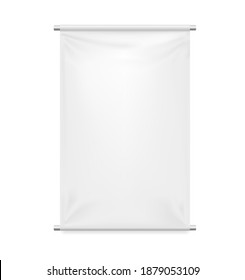 Empty textile banner mockup. Vector 3d realistic. White blank template for branding and advertising. Rectangular vertical shape with two metal pipes. Awning, Textiles, PVC, Vinyl, Nylon, Banner. EPS10