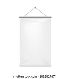 Empty textile banner mockup. Vector 3d realistic. White template hanging on a rope. Rectangular vertical blank for branding and advertising isolated on white.Awning, Textiles, PVC, Vinyl, Banner.EPS10