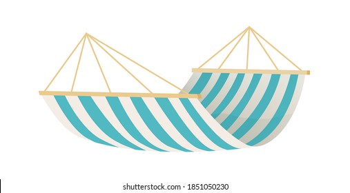 Empty textile striped hammock isolated on white background. Colorful hanging tool for beach or camping recreation. Comfortable decor element. Flat vector cartoon illustration
