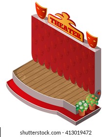 Empty theater, flowers and masks laughter and crying. Isometric view. Vector illustration.