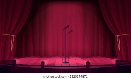 Empty theater or night club stage for comedy standup show vector illustration. Cartoon scene for music, comic live performance with lights in center and microphone on stand, classic red curtains