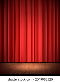 Empty theater, opera stage, red curtains and wood floor, template for ceremony, performance, show.