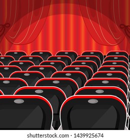 Empty theater room with an illuminated stage draped in red curtains and armchairs. Vector illustration