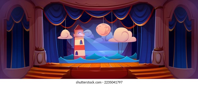 Empty theater stage with blue curtains, wooden floor, columns. Vector cartoon illustration of lighthouse and night seascape decoration with full moon background ready for play, performance, concert