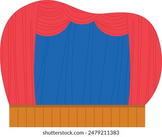 Empty theater stage closed red curtains wooden floor. Red blue stage curtains create setting performances, drama classes