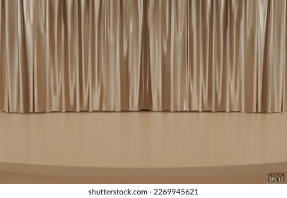 Empty theater stage with gold velvet curtains. Closed beige metallic stage curtain and wooden floor. Opera scene drape backdrop, Concert grand opening or cinema backstage. 3d vector illustration.