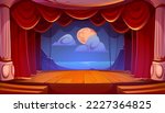 Empty theater stage with red curtains, wooden floor, columns. Vector cartoon illustration of night seascape with full moon background decoration ready for school play, opera performance, music concert