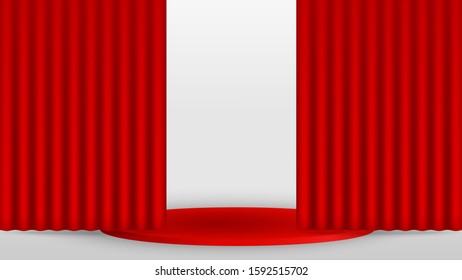 Empty theater stage with red curtains and podium. Cinema white screen background. Vector illustration