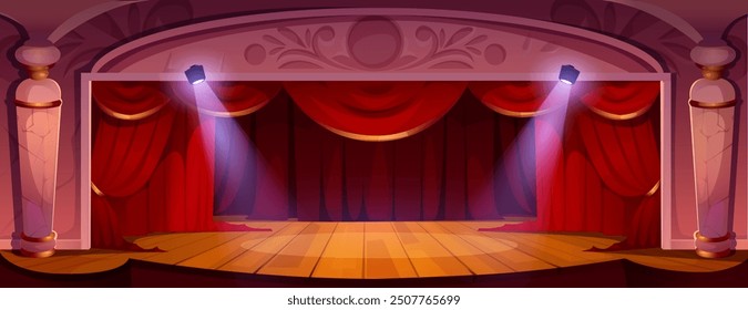 Escenario de teatro vacío con cortinas rojas. Ilustración de dibujos animados de Vector de concierto con piso de madera y cortinas de terciopelo de lujo, decoración de pilares de mármol blanco, sala para espectáculos de arte y actuaciones