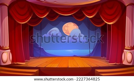 Empty theater stage with red curtains, wooden floor, columns. Vector cartoon illustration of night seascape with full moon background decoration ready for school play, opera performance, music concert