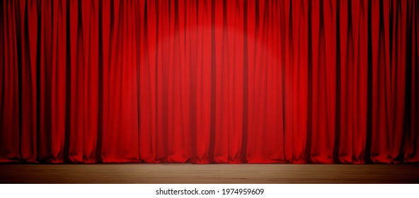 Empty theater stage with red velvet curtains. Vector illustration