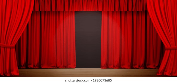 Empty theater stage with red velvet curtains. Vector illustration