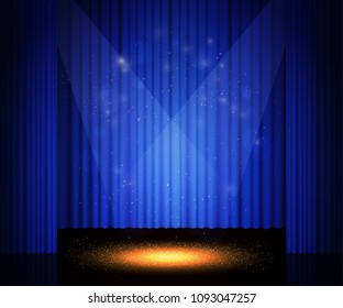 Empty theatre stage with blue curtain. Background for show, presentation, concert, design