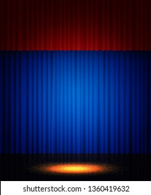 Empty theatre stage with red and blue curtain. Background for show, presentation, concert, design