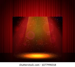Empty theatre stage with red curtain. Background for show, presentation, concert, design