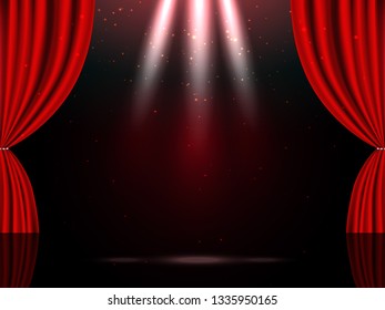 Empty theatrical scene stage with red curtains and lights