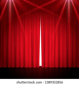 Empty theatrical scene stage with red curtains, glitter and lights