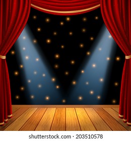 Empty theatrical scene stage with red curtains drapes  and brown wooden floor with dramatic spotlight in the center , stock vector graphic illustration