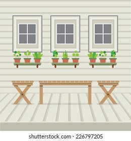 Empty Three Benches On Wood Wall And Ground With Pot Plants Vector Illustration